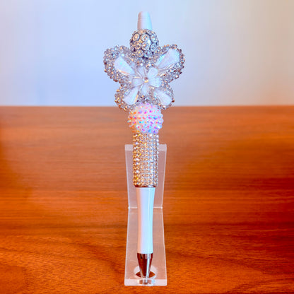 White Rhinestone Butterfly Beaded Pen - Sparkly Desk Accessory