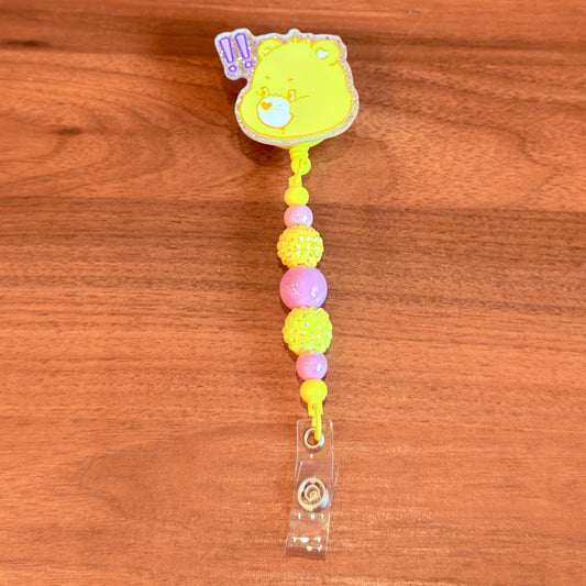 Yellow Bear Beaded Badge Reel, Interchangeable ID Holder, Rhinestone Acrylic Clip
