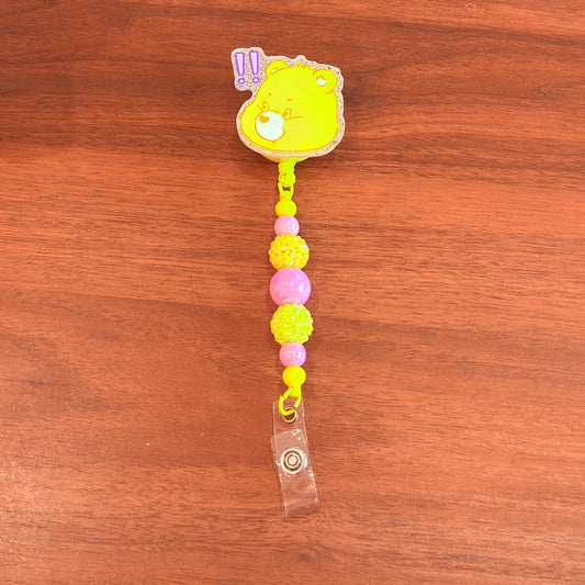Yellow Bear Beaded Badge Reel, Interchangeable ID Holder, Rhinestone Acrylic Clip