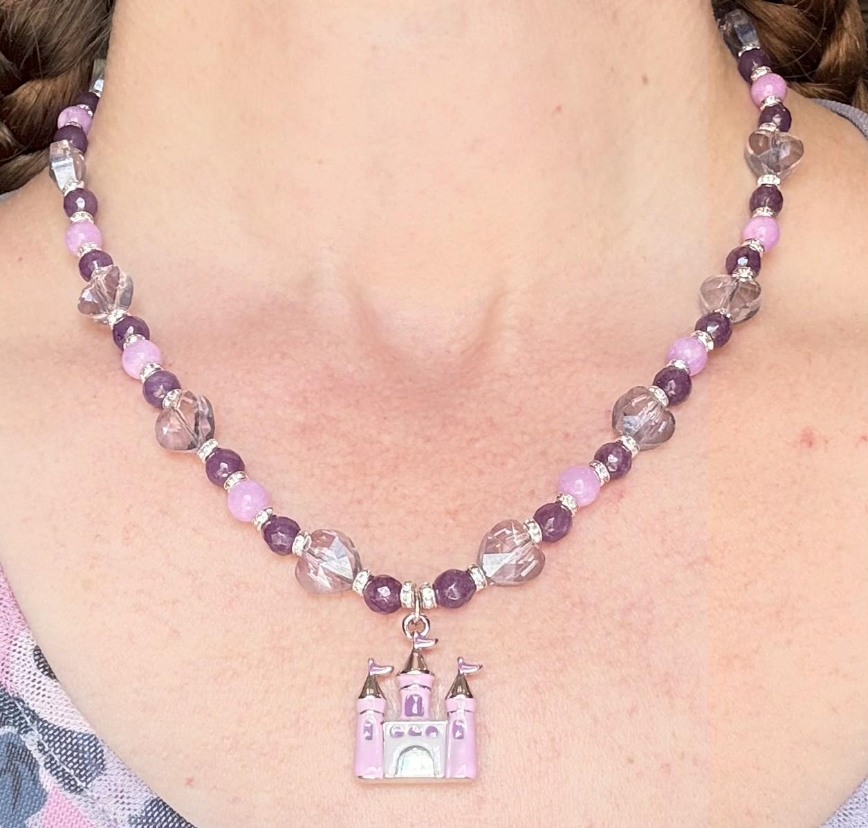 Amethyst & Jasper Beaded Princess Necklace, Pink Enamel Castle Pendant