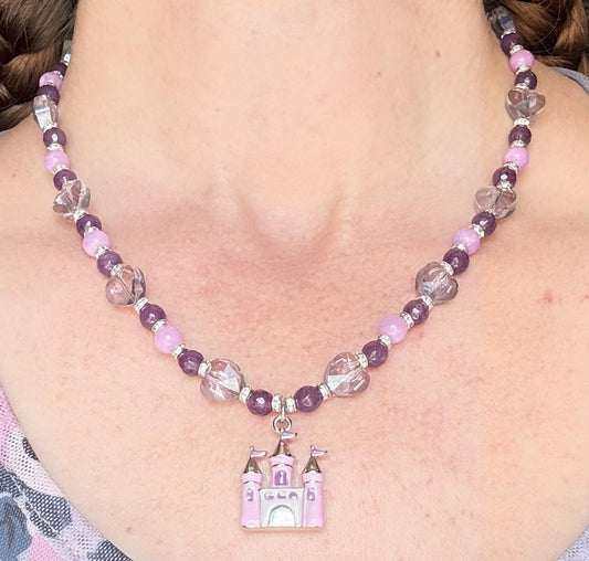 Amethyst & Jasper Beaded Princess Necklace, Pink Enamel Castle Pendant