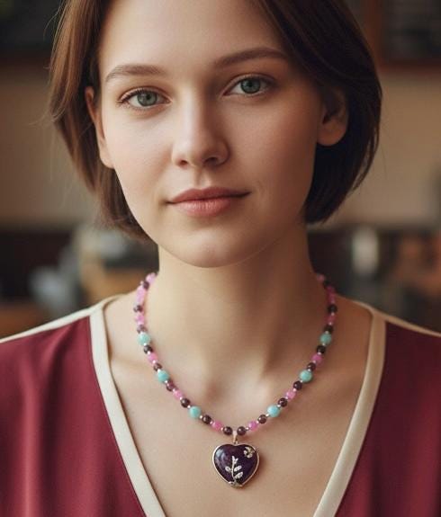 Amethyst Heart Stone Pendant and Jade Gemstone Beaded Necklace