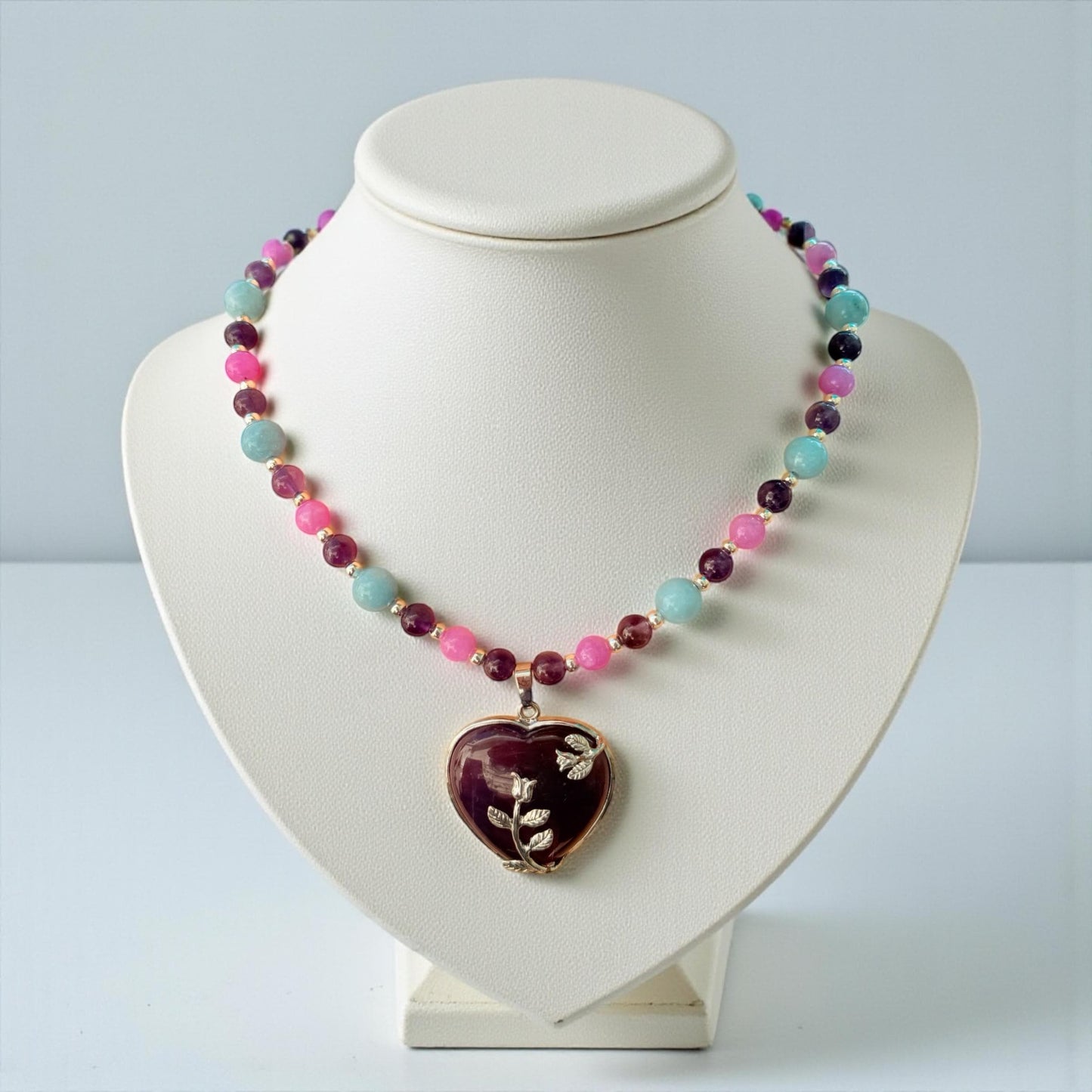 Amethyst Heart Stone Pendant and Jade Gemstone Beaded Necklace