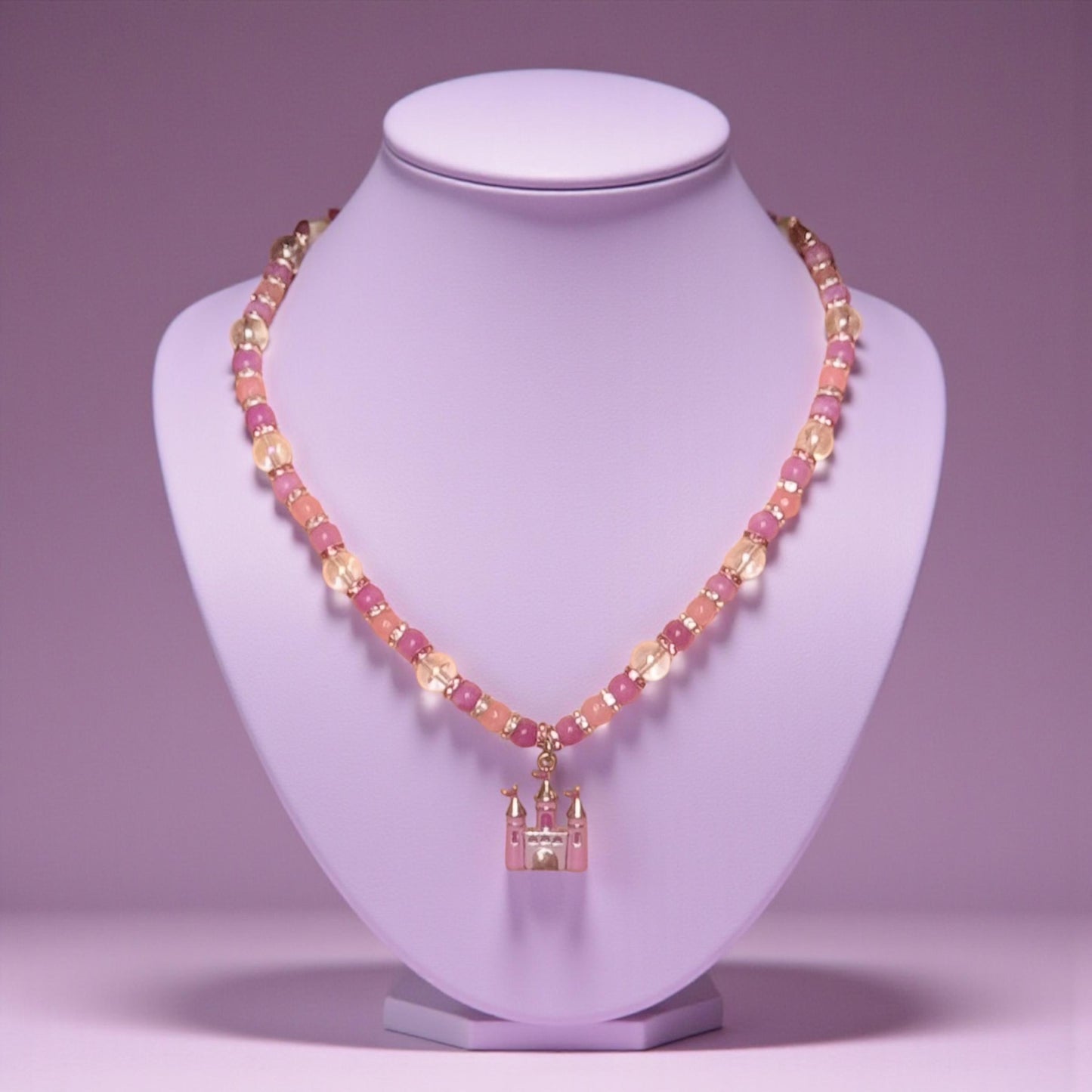 Princess Beaded Rose Quartz and Jasper Necklace with Enamel Castle Pendant