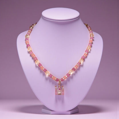 Princess Beaded Rose Quartz and Jasper Necklace with Enamel Castle Pendant