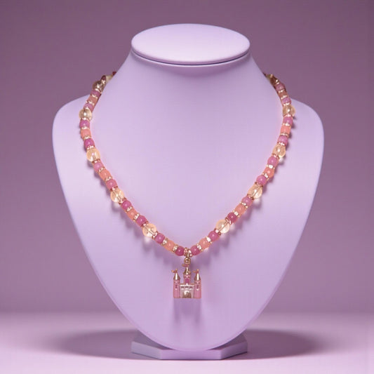 Princess Beaded Rose Quartz and Jasper Necklace with Enamel Castle Pendant