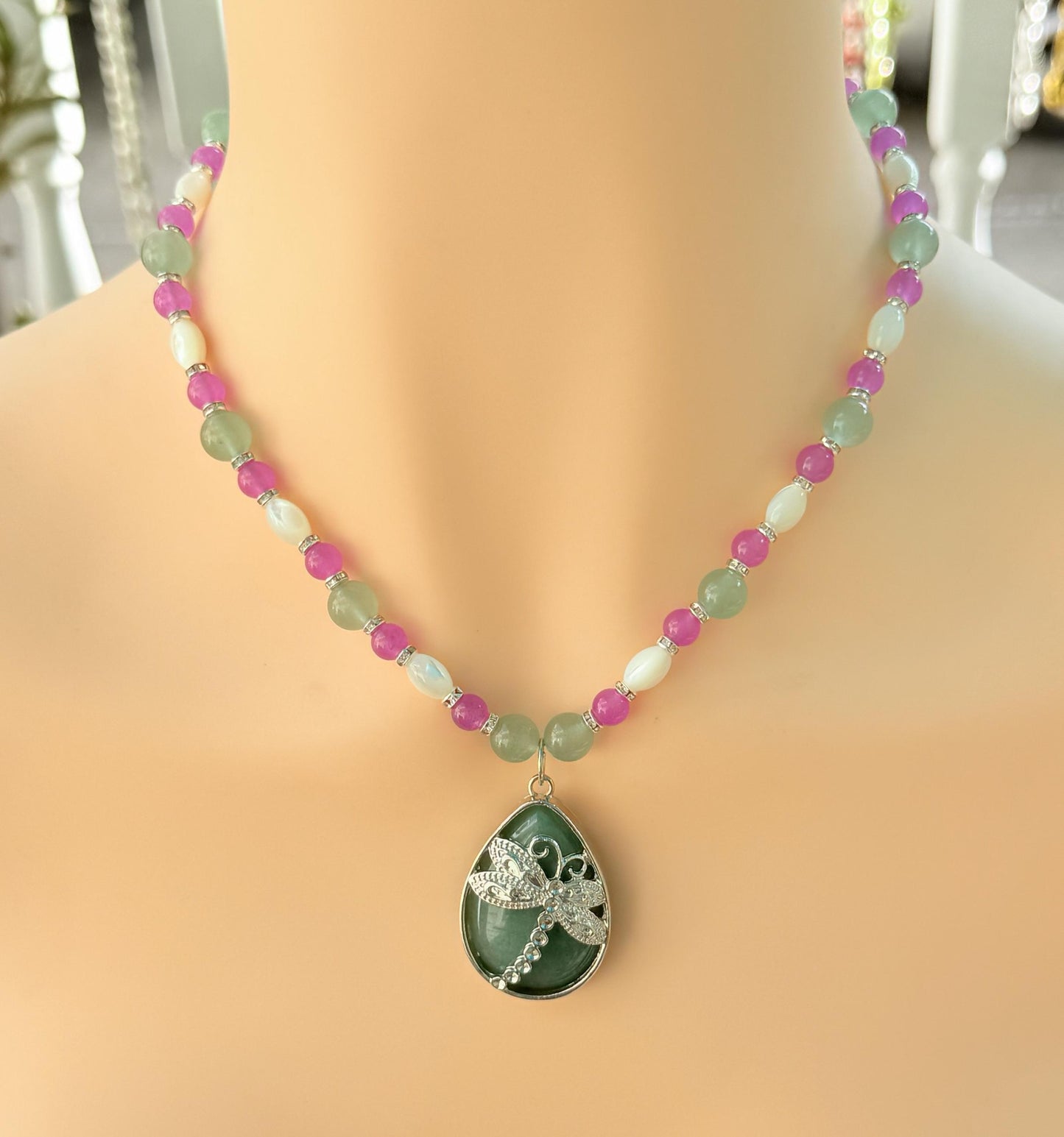 Aventurine Stone Teardrop Dragonfly Pendant Beaded Gemstone Necklace