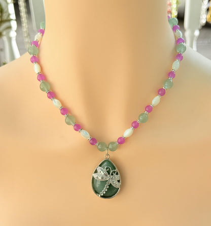 Aventurine Stone Teardrop Dragonfly Pendant Beaded Gemstone Necklace