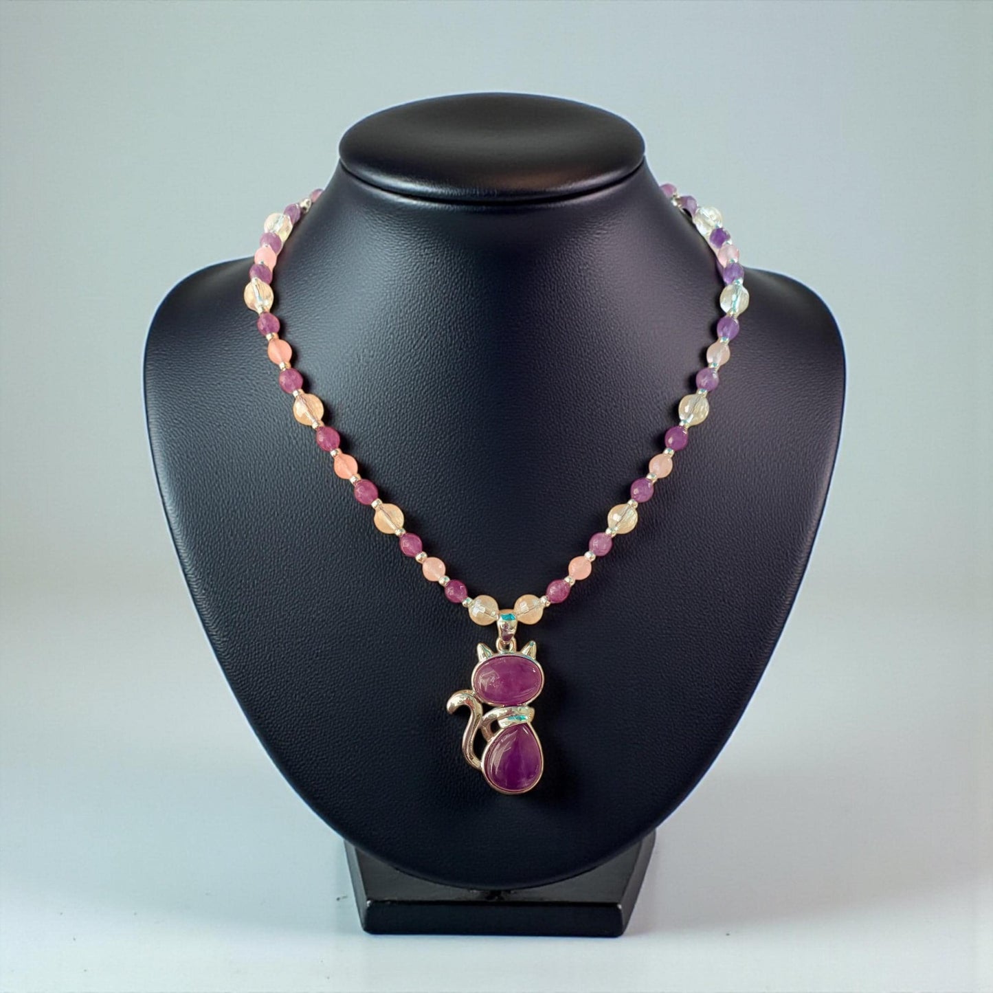 Amethyst Cat Pendant Necklace, Rose Quartz Beaded, Handmade