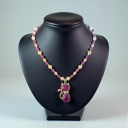 Amethyst Cat Pendant Necklace, Rose Quartz Beaded, Handmade