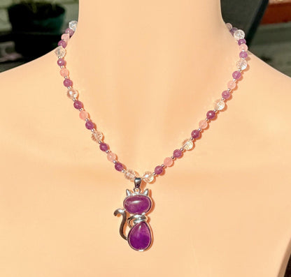 Amethyst Cat Pendant Necklace, Rose Quartz Beaded, Handmade