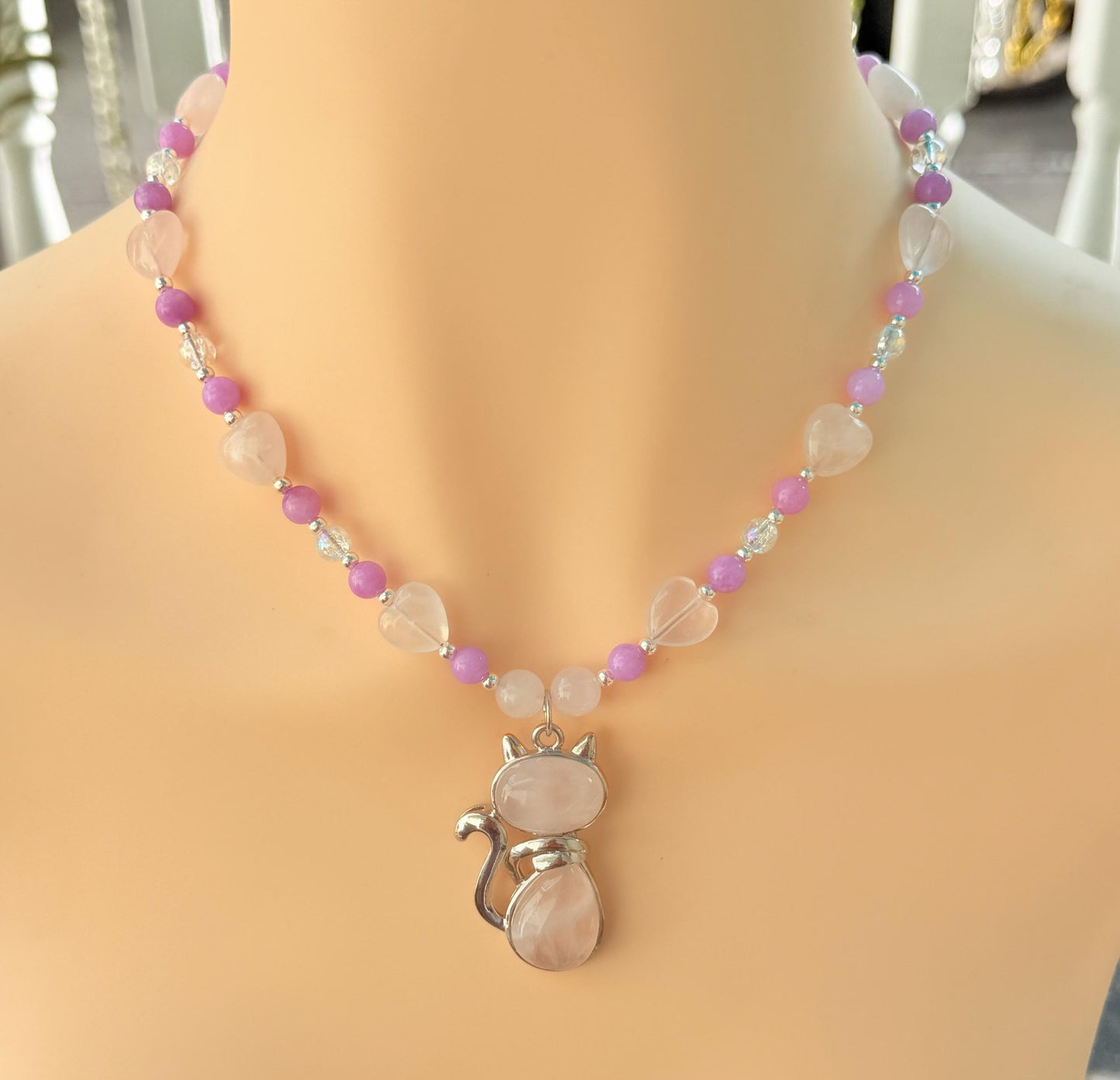 Rose Quartz Cat Pendant Handmade Beaded Necklace - "Purrfect Pink Daydream"