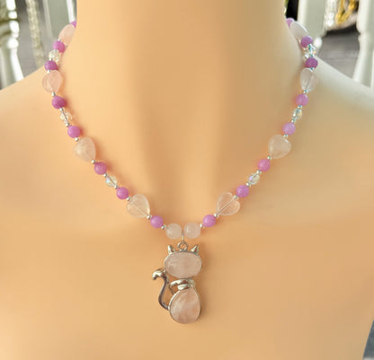 Rose Quartz Cat Pendant Handmade Beaded Necklace - "Purrfect Pink Daydream"