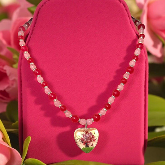 Heart Pendant Rose Quartz & Red Jade Handmade Beaded Gemstone Necklace - "Eternal Blossom"