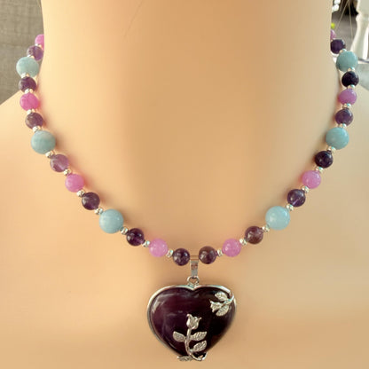 Amethyst Heart Stone Pendant and Jade Gemstone Beaded Necklace