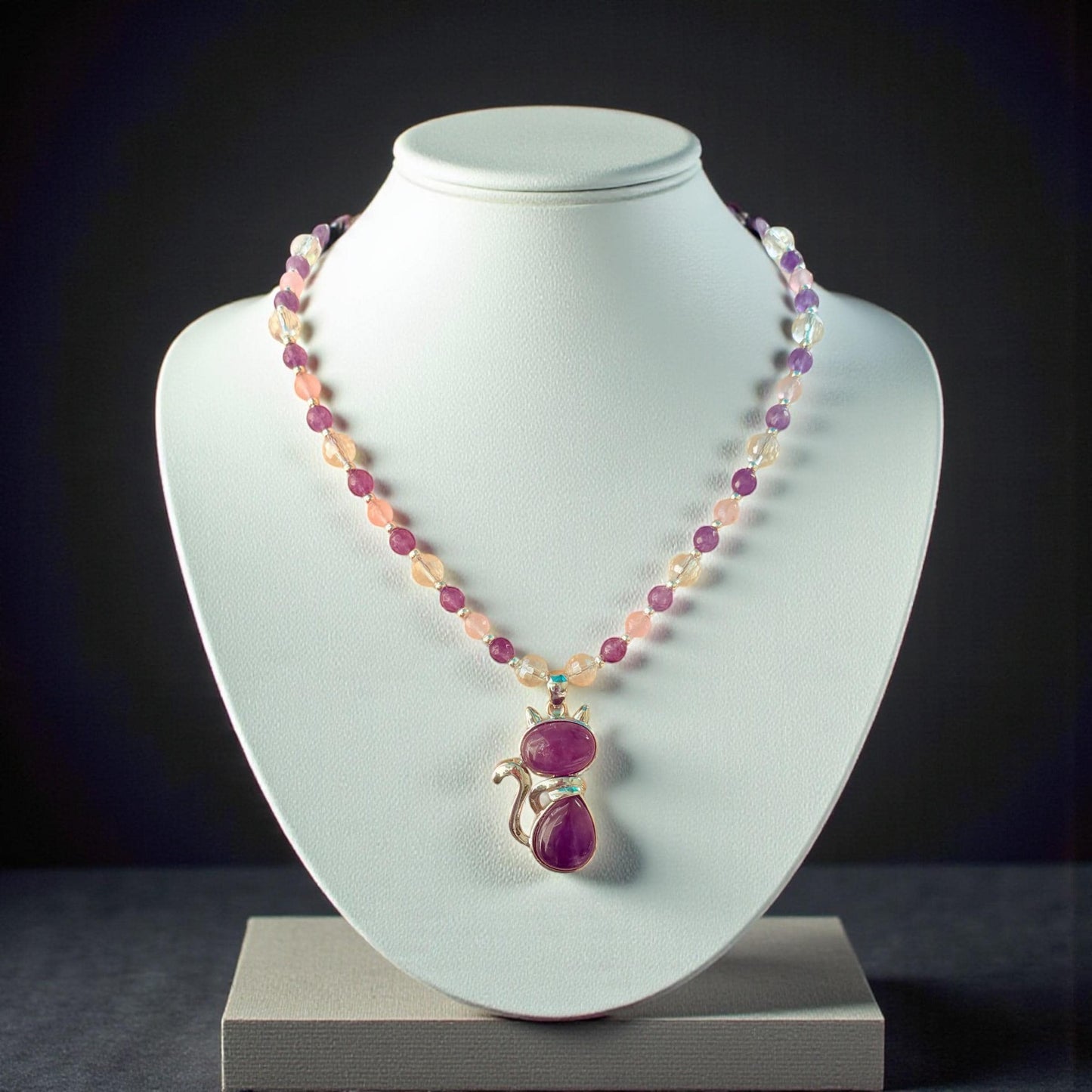 Amethyst Cat Pendant Necklace, Rose Quartz Beaded, Handmade