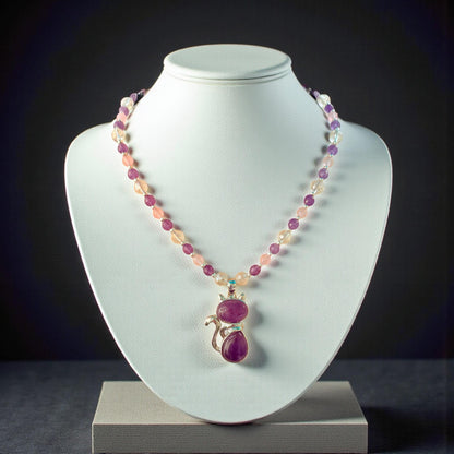 Amethyst Cat Pendant Necklace, Rose Quartz Beaded, Handmade