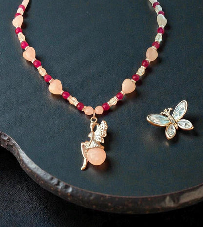 Rose Quartz Pixie Pendant – Carnelian and Crackle Quartz Beads - Fairy Jewelry - Handmade Beaded Necklace Gift