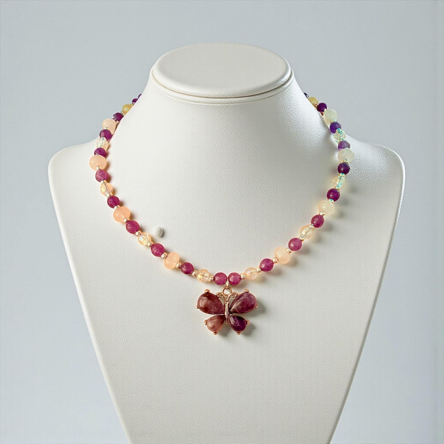 Amethyst Butterfly Pendant Necklace – Quartz and Rose Quartz Beads, Handmade