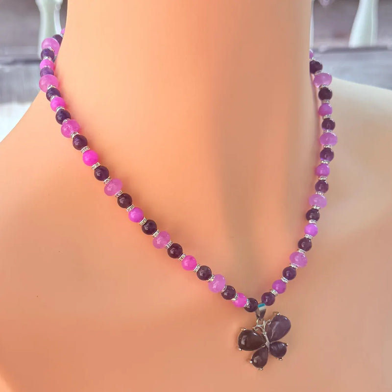 Amethyst Butterfly Pendant - Gemstone Beaded Necklace