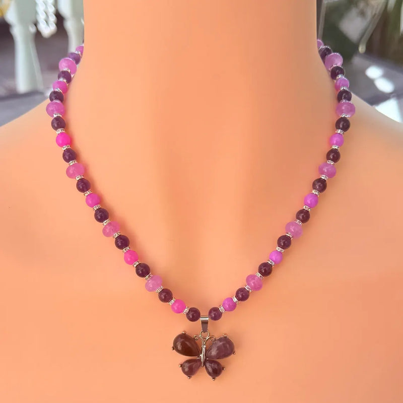 Amethyst Butterfly Pendant - Gemstone Beaded Necklace