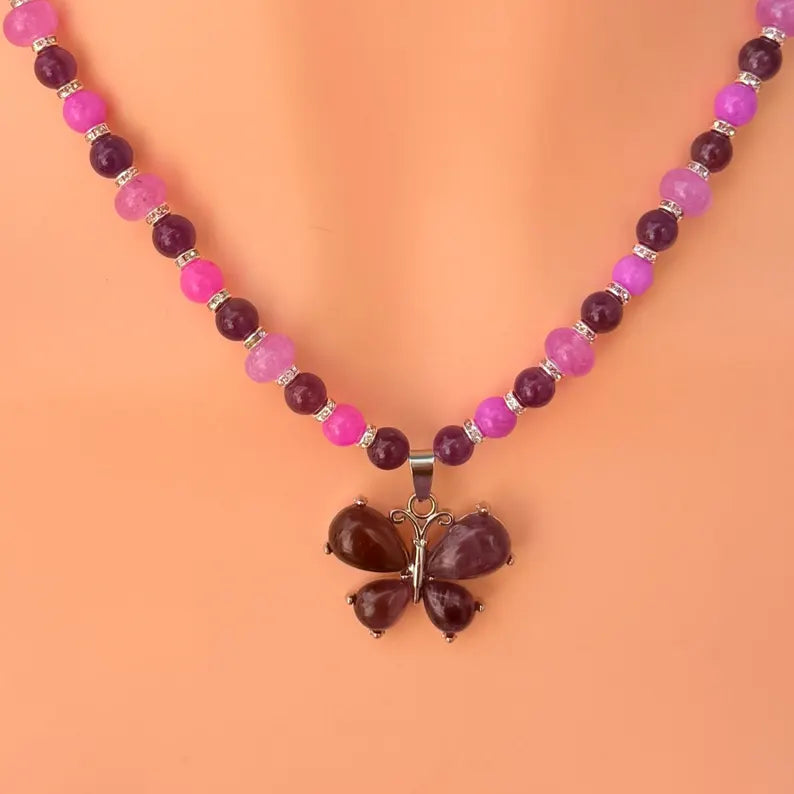 Amethyst Butterfly Pendant - Gemstone Beaded Necklace
