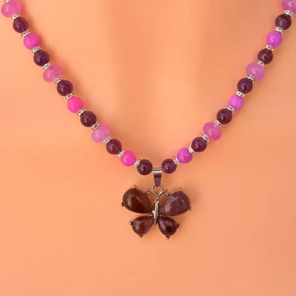 Amethyst Butterfly Pendant - Gemstone Beaded Necklace