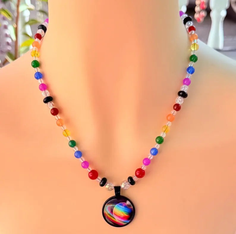 Saturn Rainbow Pride Pendant - Gemstone Necklace