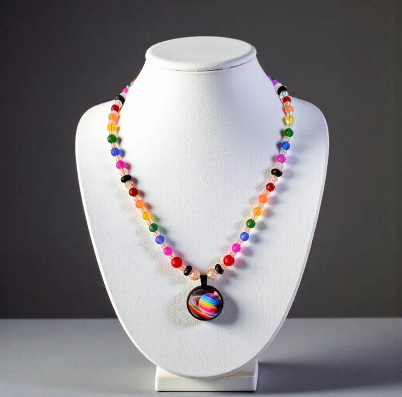 Saturn Rainbow Pride Pendant - Gemstone Necklace