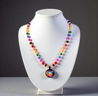 Saturn Rainbow Pride Pendant - Gemstone Necklace