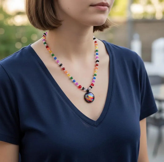 Saturn Rainbow Pride Pendant - Gemstone Necklace