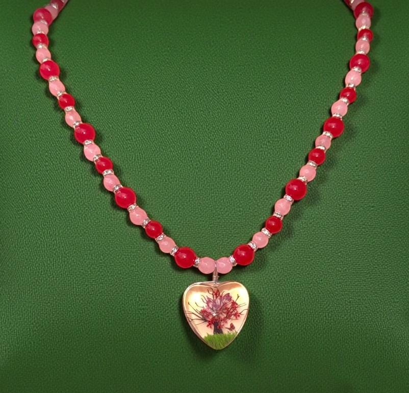 Heart Pendant Rose Quartz & Red Jade Handmade Beaded Gemstone Necklace - "Eternal Blossom"