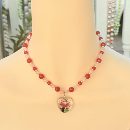 Heart Pendant Rose Quartz & Red Jade Handmade Beaded Gemstone Necklace - "Eternal Blossom"