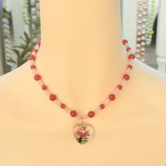 Heart Pendant Rose Quartz & Red Jade Handmade Beaded Gemstone Necklace - "Eternal Blossom"