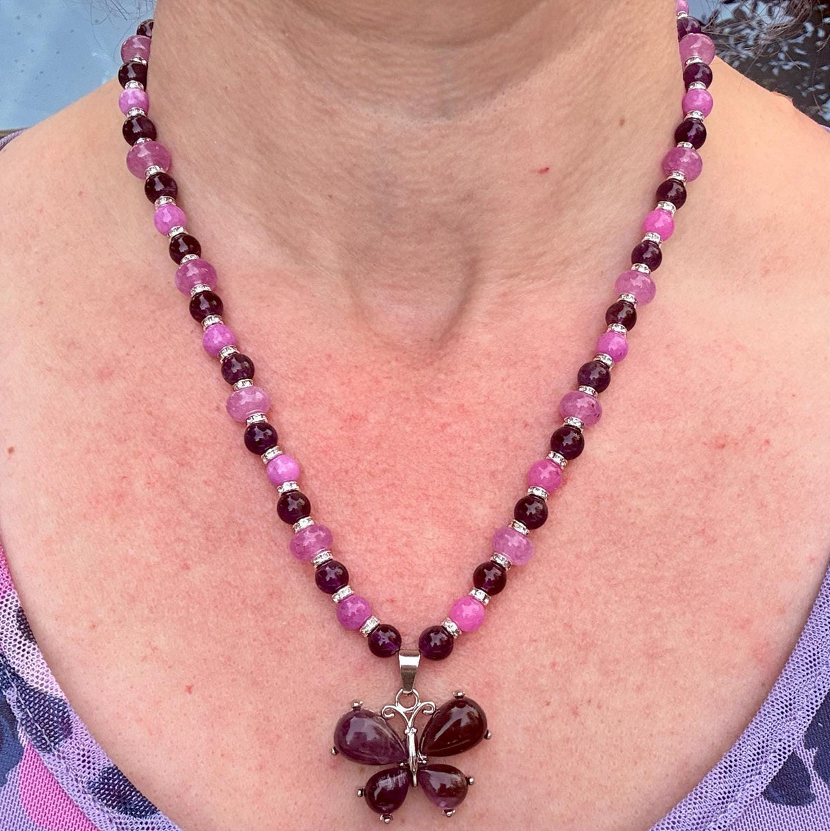 Amethyst Butterfly Pendant Necklace – Purple Gemstone Beaded Necklace