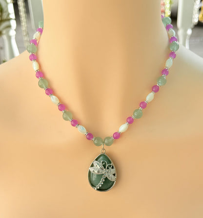Aventurine Stone Dragonfly Pendant Beaded Gemstone Necklace