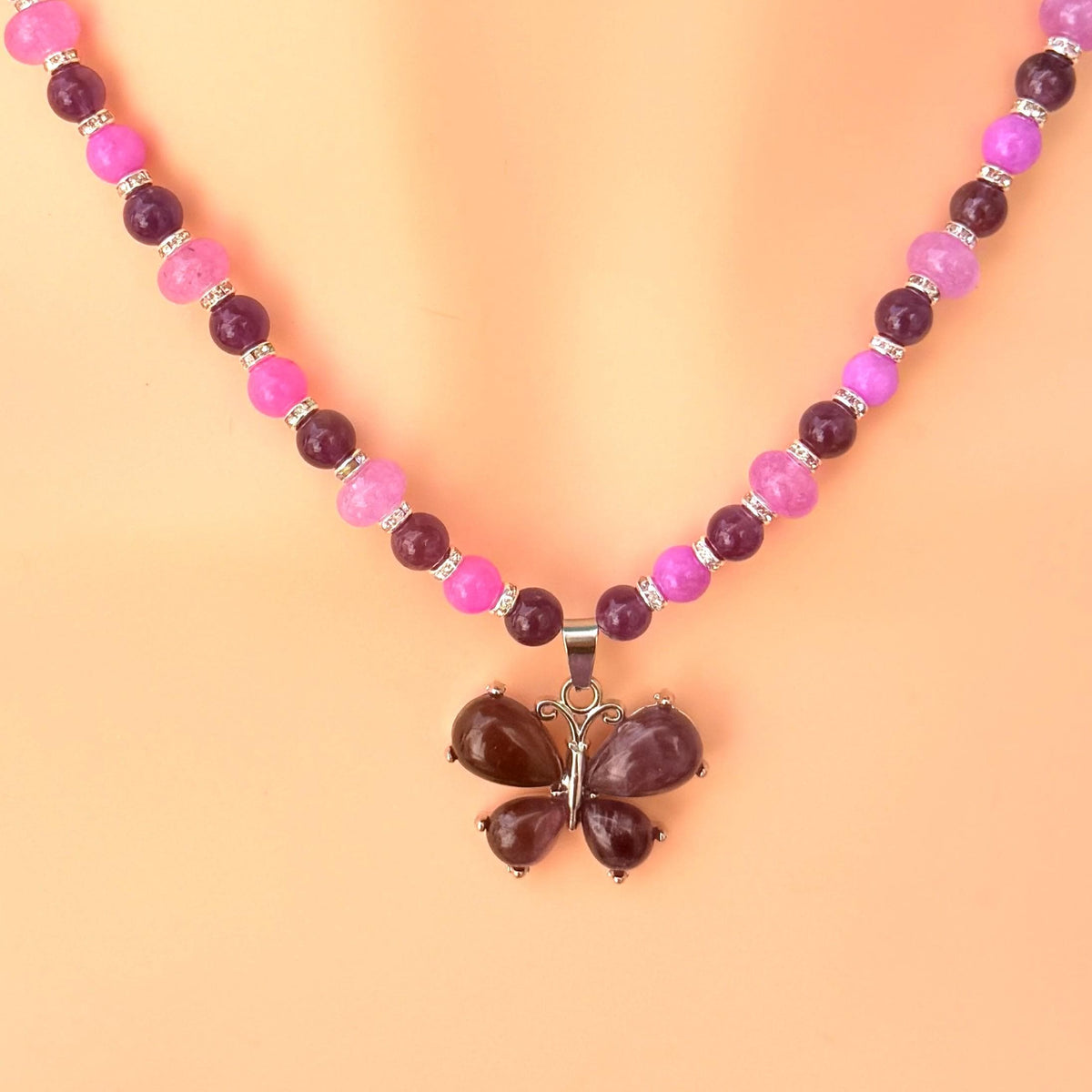 Amethyst Butterfly Pendant Necklace – Purple Gemstone Beaded Necklace