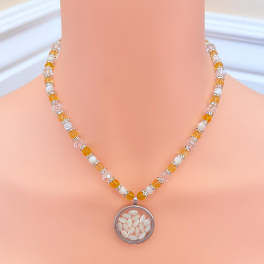 Floating Locket Necklace, Mother of Pearl Shell, Citrine - "Seashell Sunbeam"