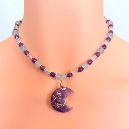 Crescent Stone Wire-Wrapped Pendant | Amethyst & Jade Gemstone Necklace