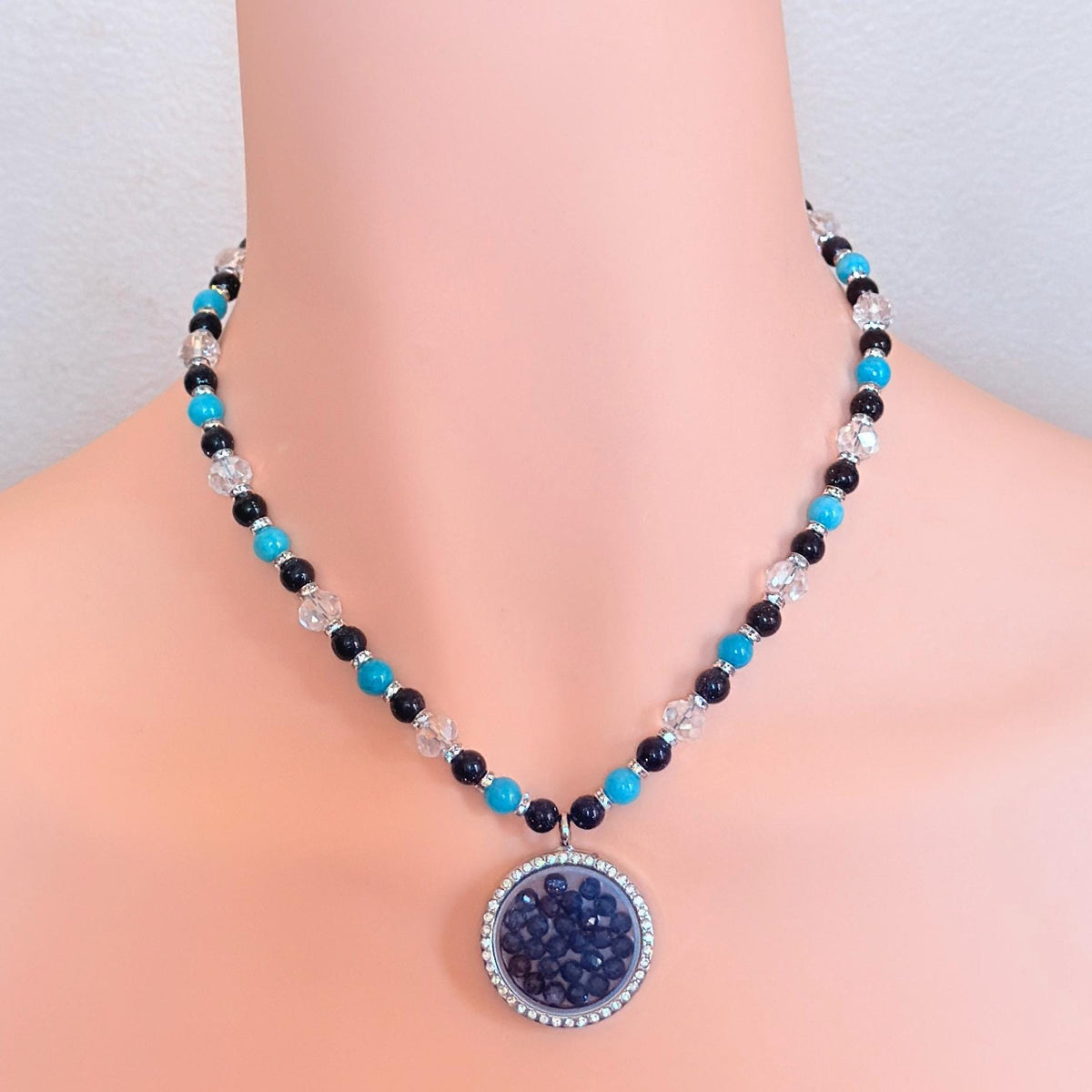 Floating Locket Bedazzled Necklace - Blue Sandstone & Aquamarine Gemstone