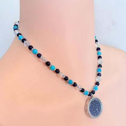 Floating Locket Bedazzled Necklace - Blue Sandstone & Aquamarine Gemstone