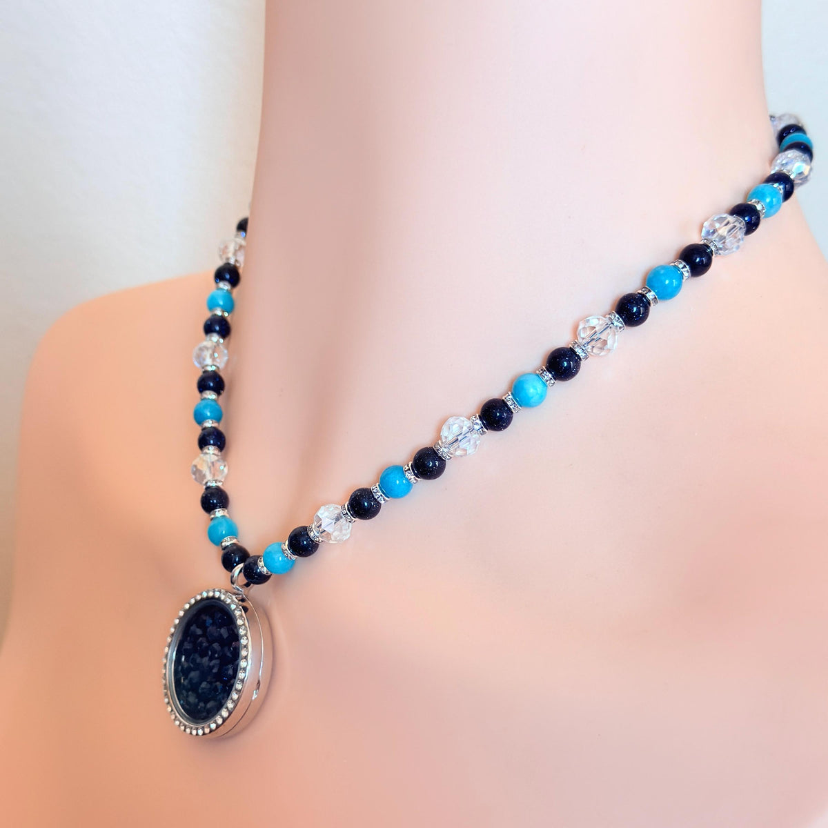 Floating Locket Bedazzled Necklace - Blue Sandstone & Aquamarine Gemstone