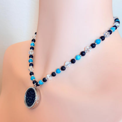 Floating Locket Bedazzled Necklace - Blue Sandstone & Aquamarine Gemstone