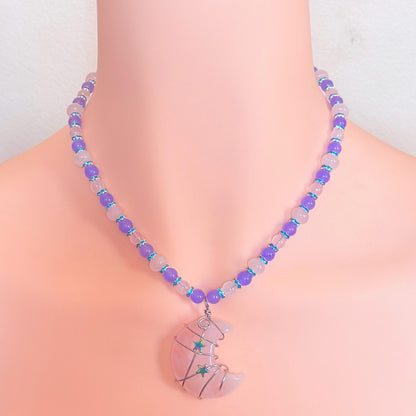 Rose Quartz Wire-Wrapped Crescent Moon Necklace - “Celestial Blush”