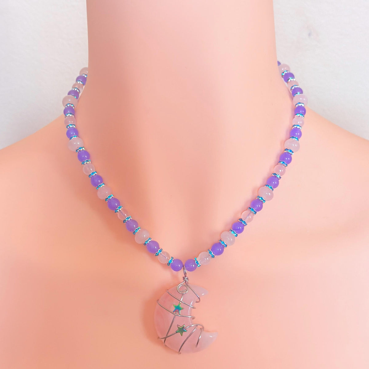 Rose Quartz Wire-Wrapped Crescent Moon Necklace - “Celestial Blush”