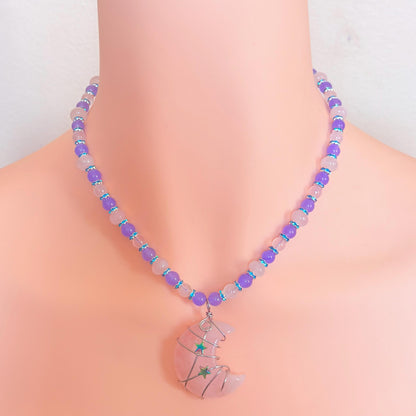 Rose Quartz Wire-Wrapped Crescent Moon Necklace - “Celestial Blush”