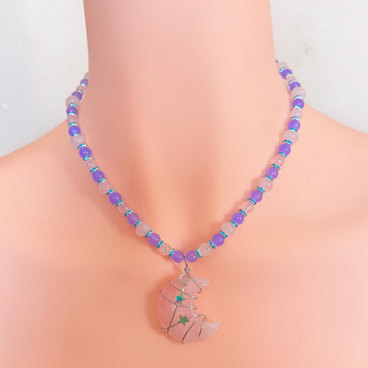 Rose Quartz Wire-Wrapped Crescent Moon Necklace - “Celestial Blush”