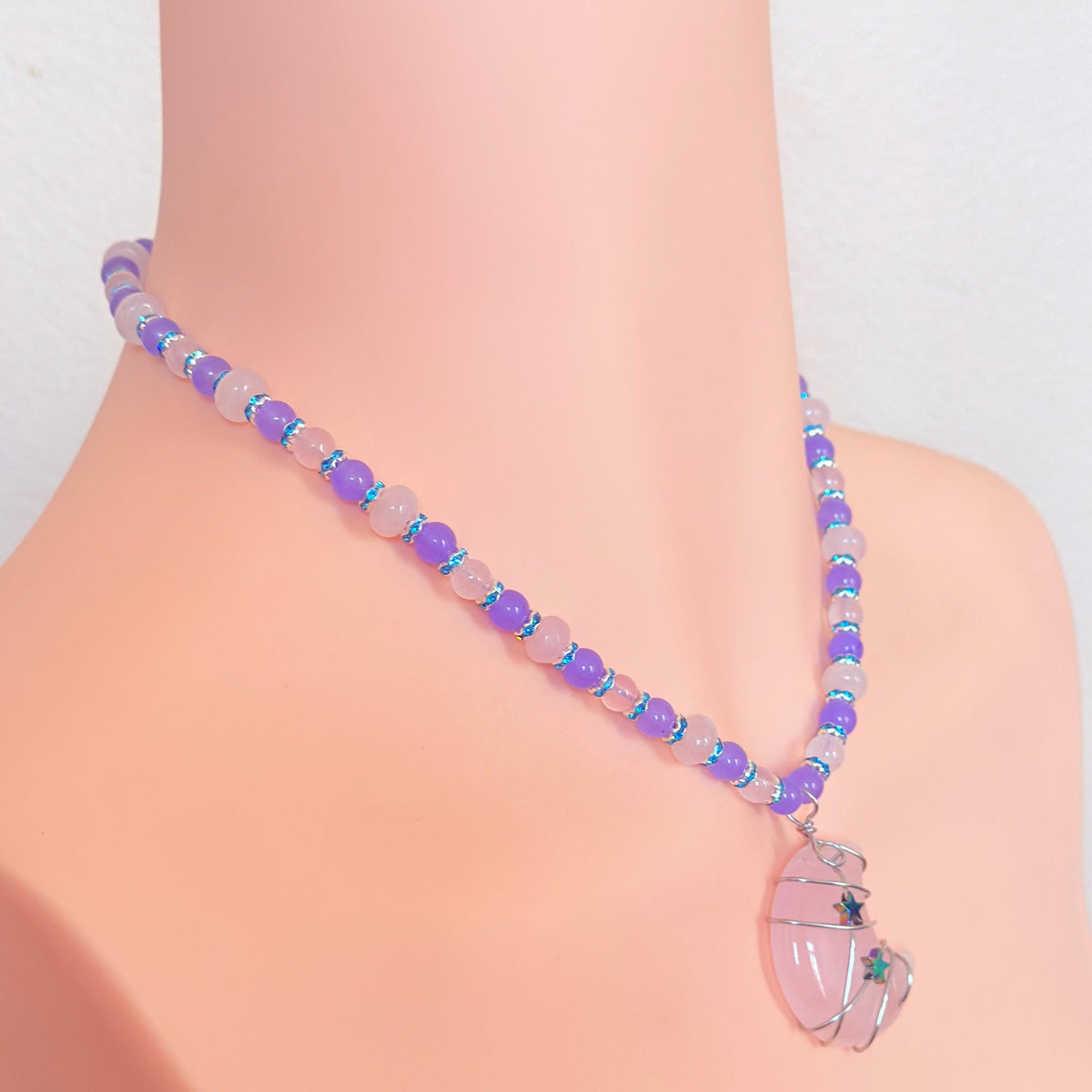 Rose Quartz Wire-Wrapped Crescent Moon Necklace - “Celestial Blush”