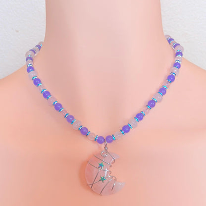 Rose Quartz Wire-Wrapped Crescent Moon Necklace - “Celestial Blush”