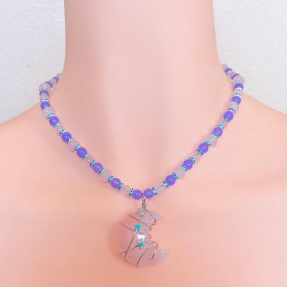 Rose Quartz Wire-Wrapped Crescent Moon Necklace - “Celestial Blush”